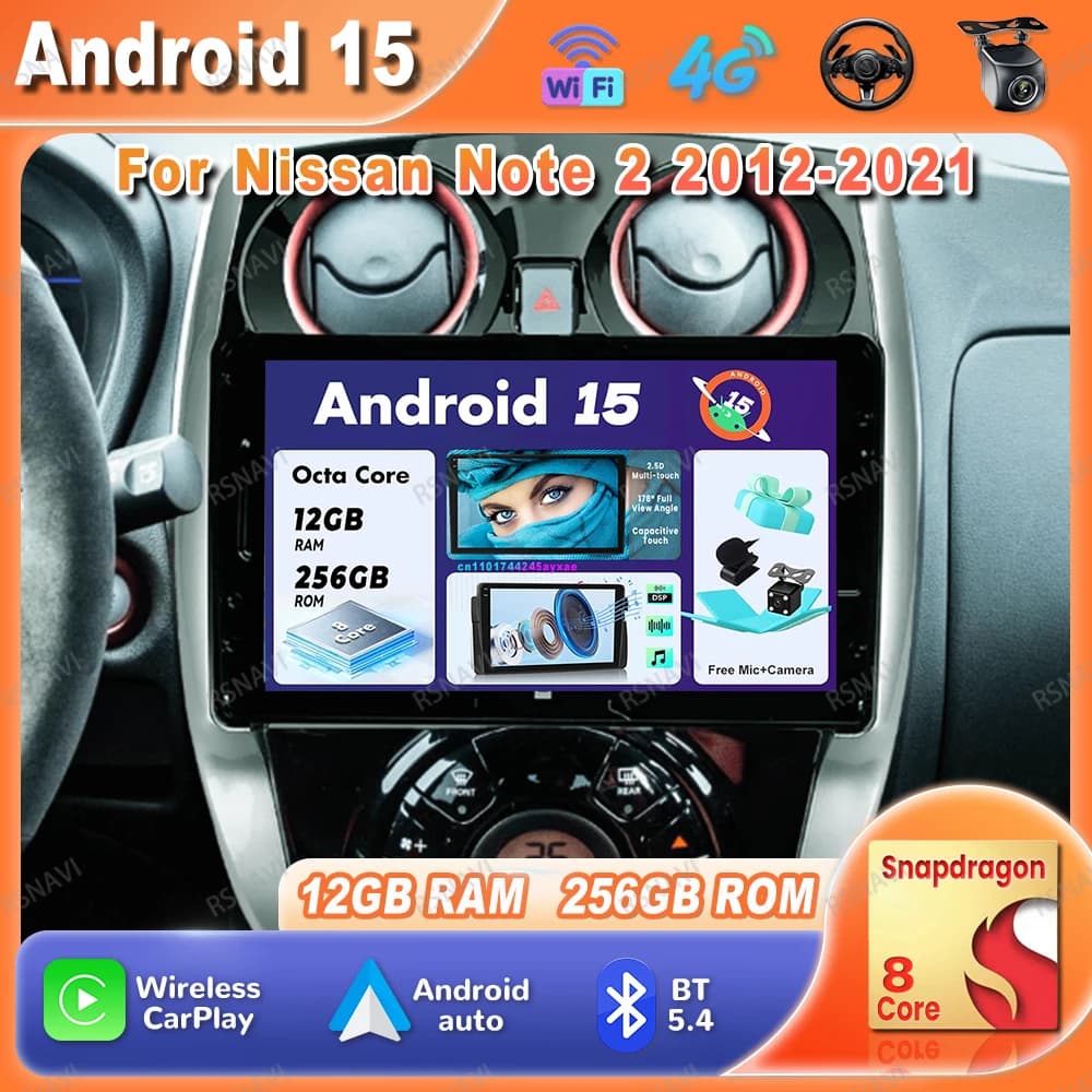 Autoradio Android 15 Per Nissan Nota 2 2012-2021 5G WIFI QLED Autoradio GPS Viedo Player 4G LTE Navigazione BT DSP DVD Qualcomm