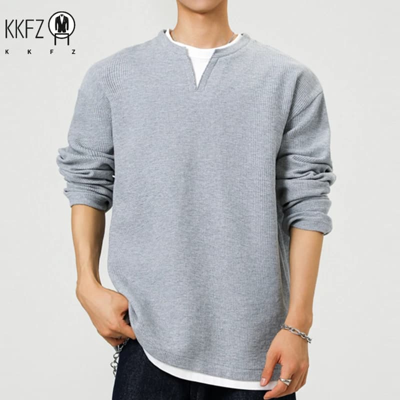 Youth Casual Fake Two Piece Top For Males Notch Collar Long Sleeve Waffle Weave Fabric Travel Friendly Clothing