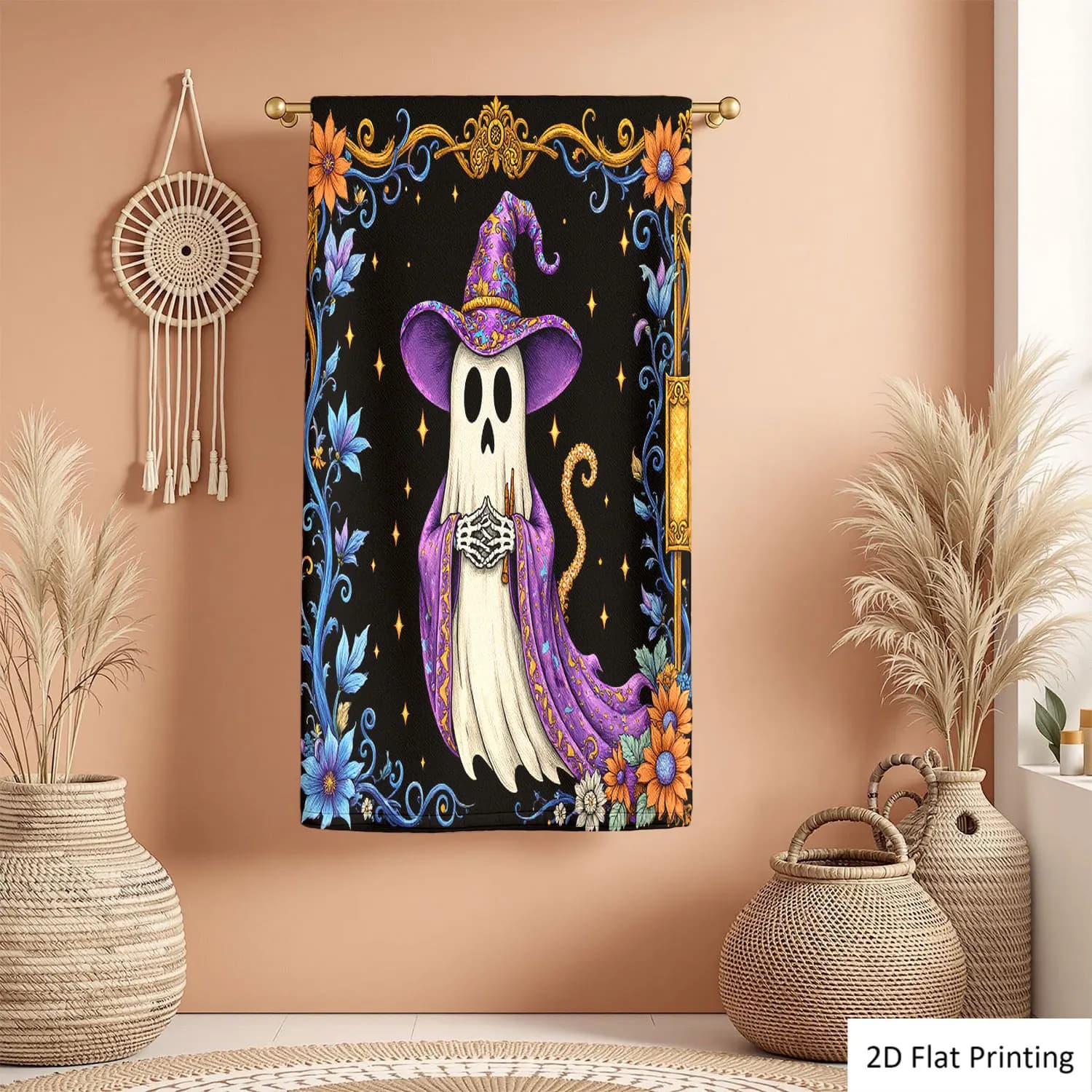 1 pezzo di asciugamano da bagno in microfibra di poliestere con motivo fantasma di Halloween, cappello da strega, fiori e stile barocco, disponibile in diverse misure, asciugamano decorativo unico per la casa e la cucina, accessori decorativi per il bagno a tema festival, ad asciugatura rapida e assorbente.