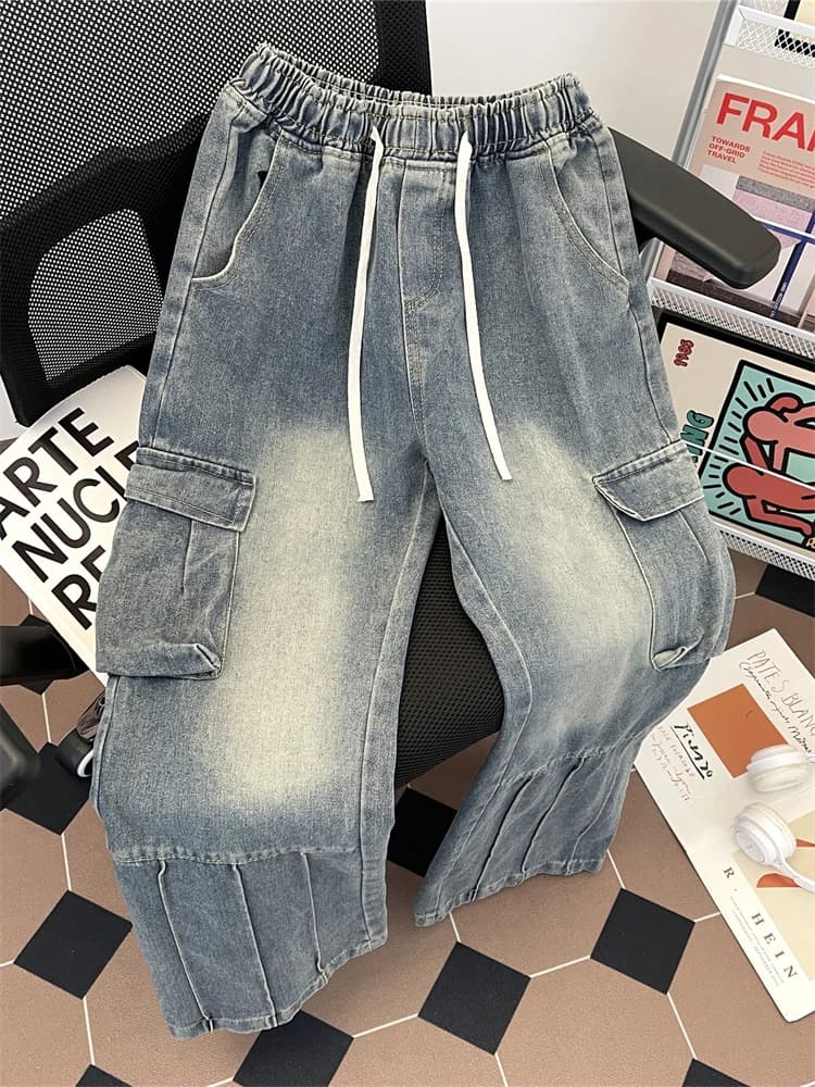 Retro Washed Men's Workwear Jeans Spring Autumn 2025 New American High Street Wide Leg Casual Long Pants with Big Pockets