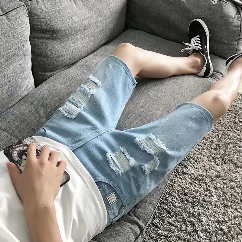 Pantaloncini Estivi da Uomo in Denim Leggero Strappato, Gamba Dritta, Sottili, Stile Coreano, Trendy, Casual, in Misto Cotone