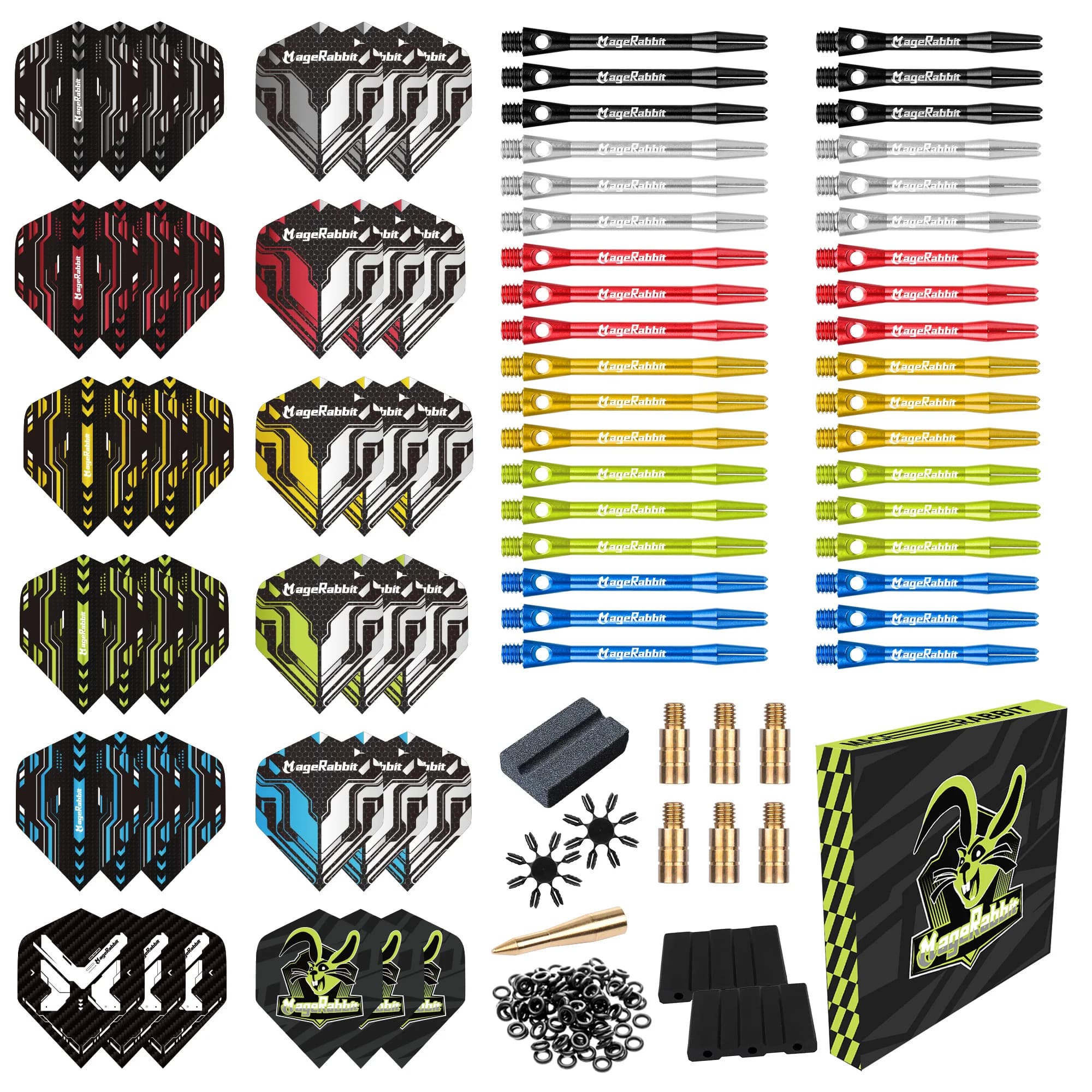 Kit di accessori per freccette MageRabbit 145 pezzi Alberi in alluminio, voli, salvadanaio, temperamatite e O-ring sfusi per freccette Pro Steel/punta morbida