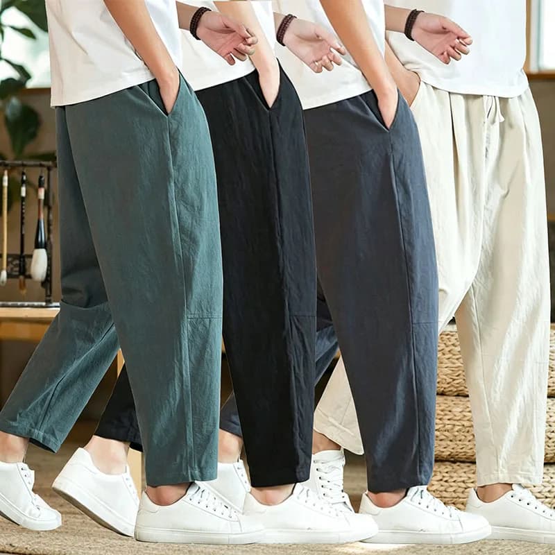New Cotton Linen Mens Pants Casual Solid Color Breathable Streetwear Loose Straight Drawstring Baggy Lightweight Sport Pants