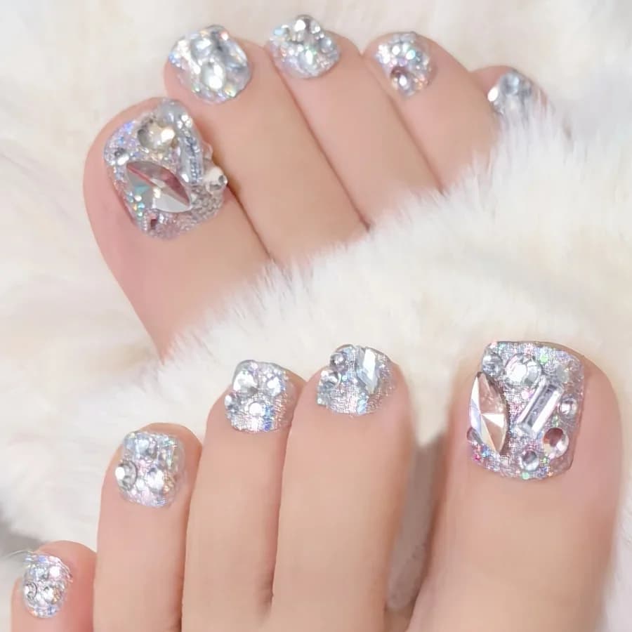 24-piece silver glitter rhinestone square false nail set with removal tool, diy home half-moon manicure, full coverage shimmer, reusable, easy to apply, everyday toe nails, women's exclusive