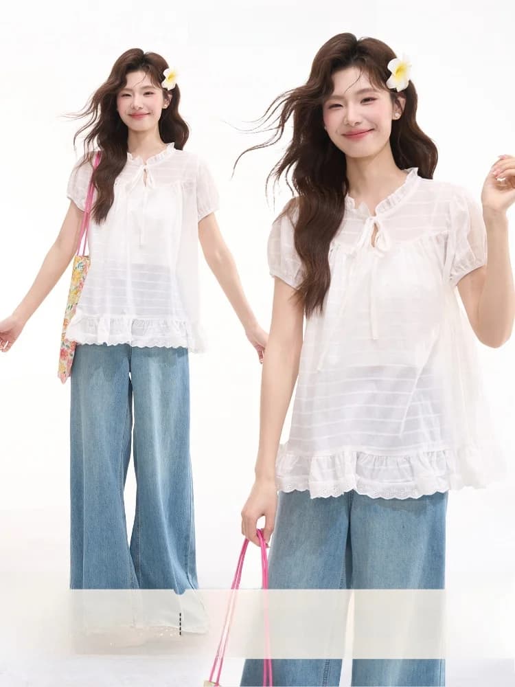 Summer Cotton Stripe Short Sleeve Shirt Women's Doll Top Heme Early Spring Flower Field Window Tie Belt Casual Style Bubble S...