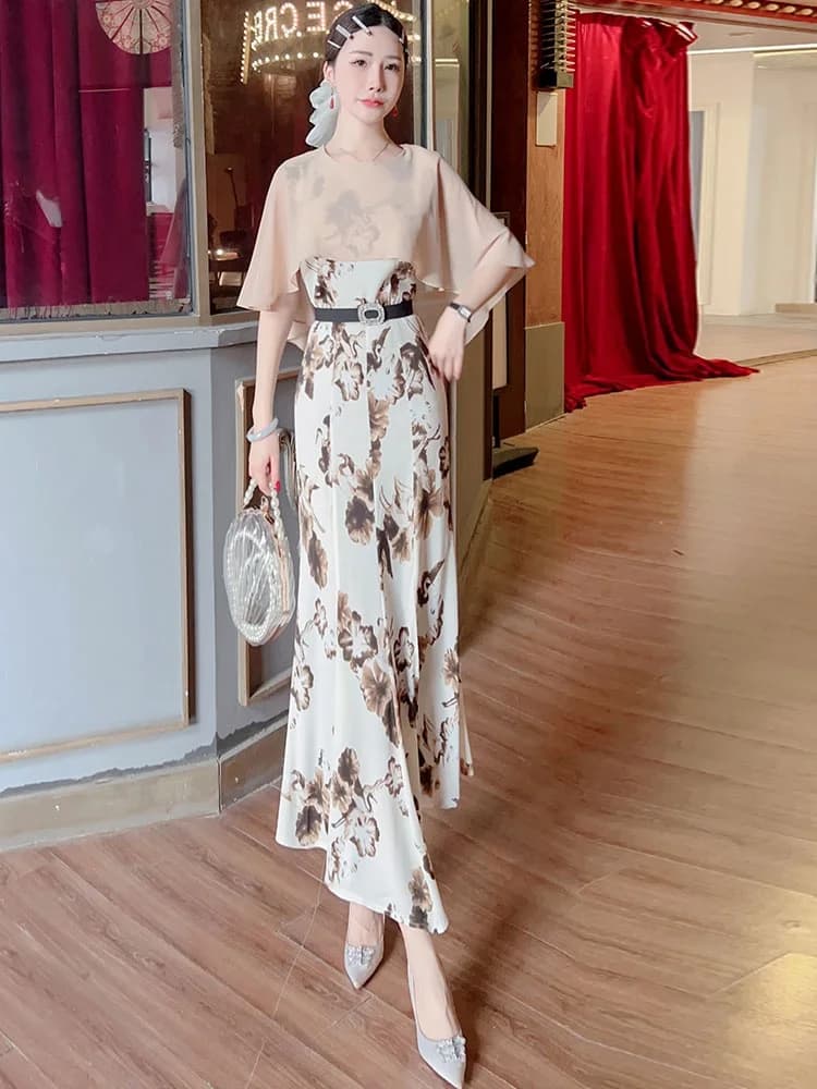 Summer Slim Fit Fish Tail Dress Chiffon Print Splice Beautiful Gown Casual Style round Neck Short Sleeve Women's Fashion