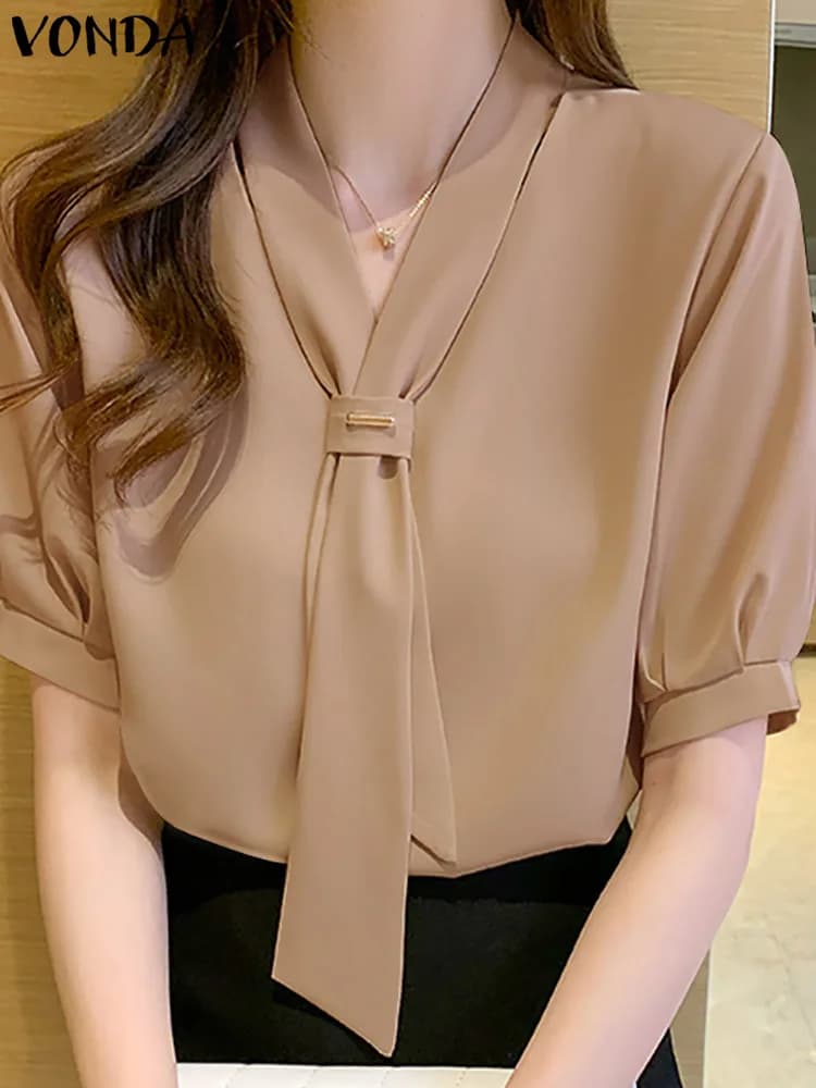 VONDA 2024 estate donna top moda Casual manica corta camicetta in Chiffon cravatta camicie allentate tinta unita tunica Blusas Femininas