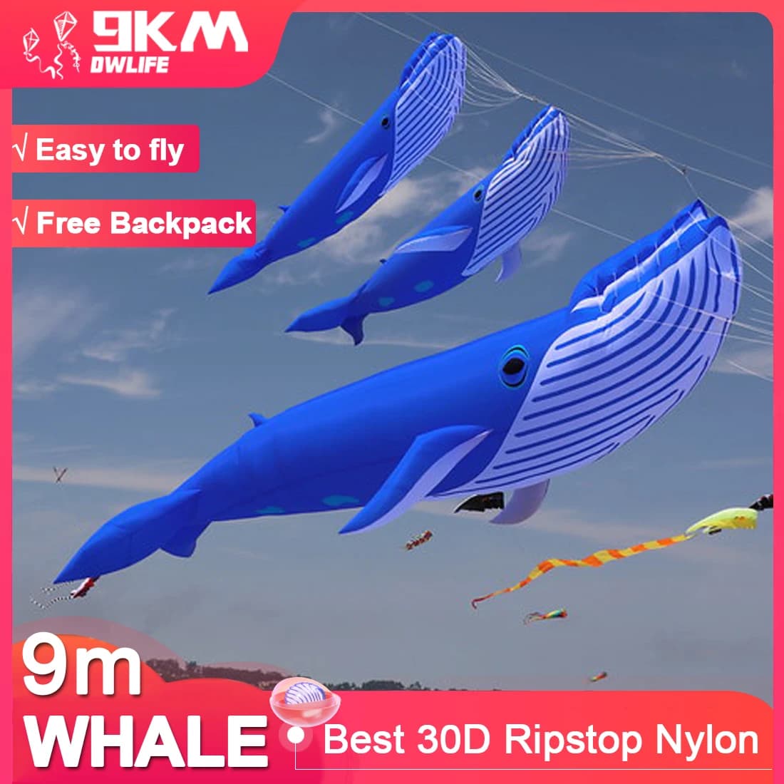 9KM 9m Balena Aquilone Line Pivot Pendant Inflatable Soft Aquilone Show for Kite Festival 30D Ripstop Nylon with bag ( wholesale)