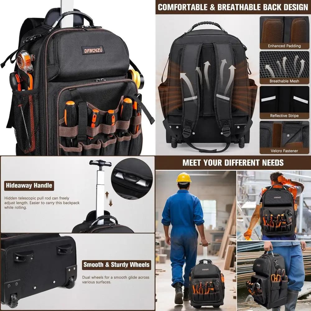 Zaino Porta Attrezzi Resistente con 43 Tasche, Ruote e Manico Retrattile per Elettricisti, Meccanici e Operai Edili