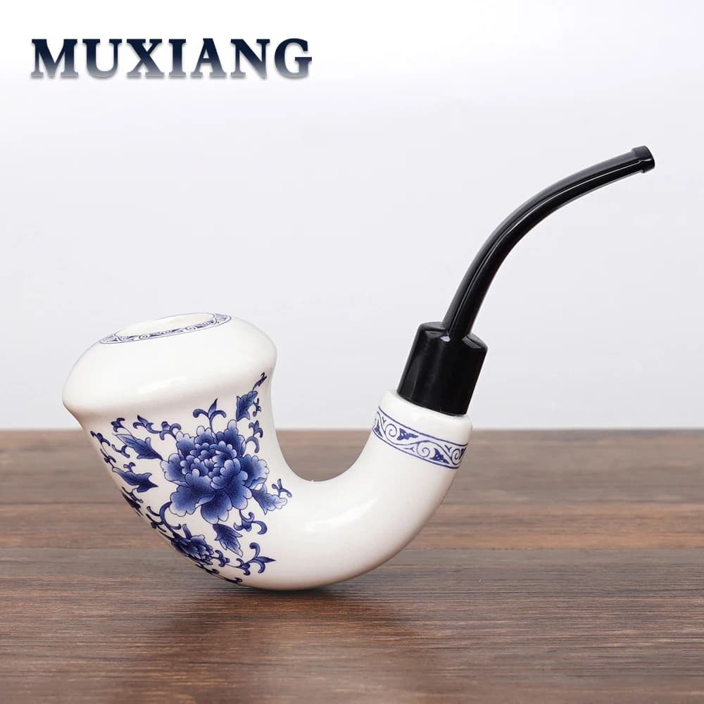 Pipa in Ceramica con Bocchino in Acrilico Curvo e Filtro a Rete, Pipa per Fumo in Ceramica Cinese 9mm