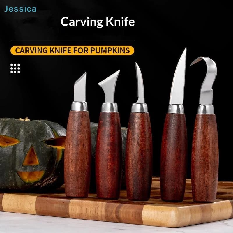 ♥ Set di 5 coltelli per intaglio del legno – Lame in acciaio inossidabile con manici in legno per falegnameria e scultura fai-da-te