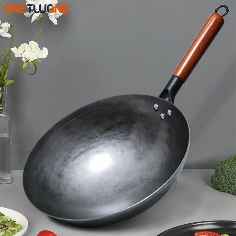 Wok in ferro, 30-36cm Wok in ferro forgiato a mano pentola da cucina Pre-stagionata padella antiaderente cinese senza rivestimento per fornello a Gas