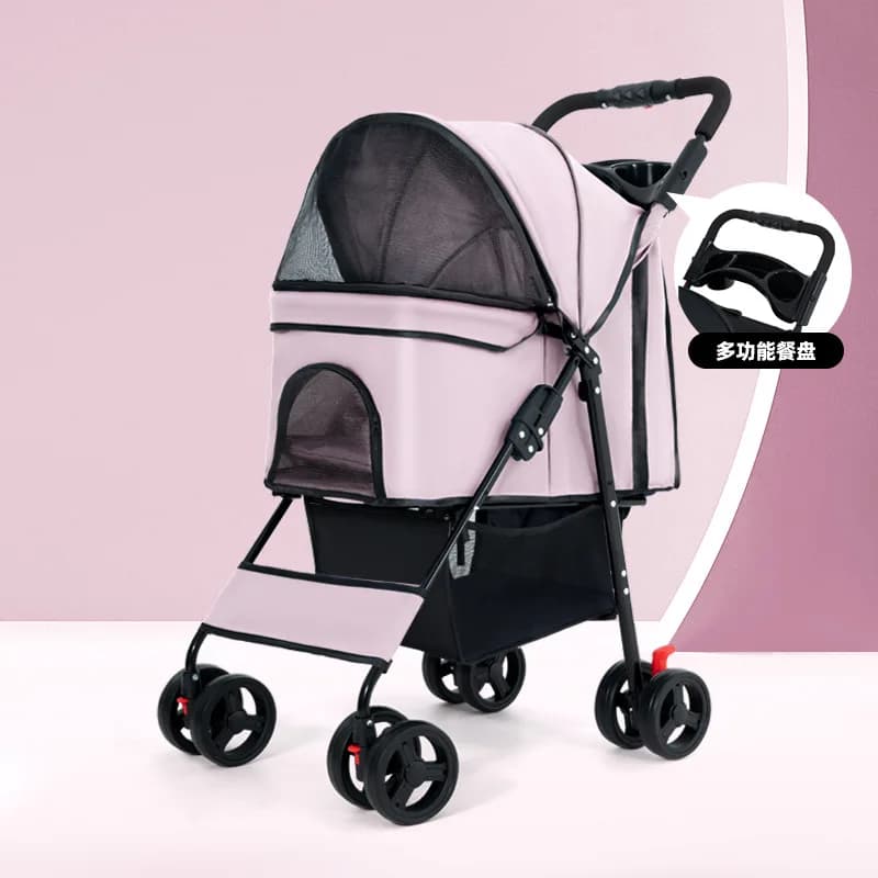 A Four Wheel Foldable Dog Stroller Universal Front Wheel Rear Wheel Dual Brakes Convenient Dining Plate Conveyors And Stroller