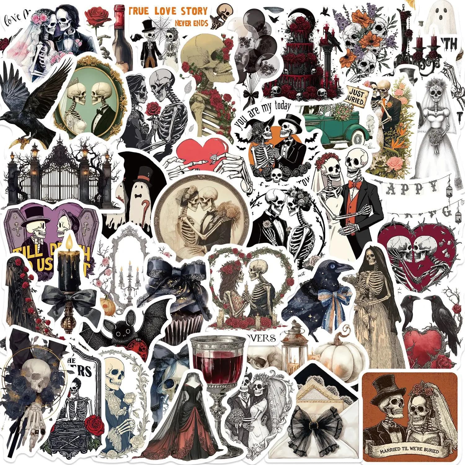 50Pcs Gothic Stickers Dark Goth Wedding Decals For Laptop Scrapbook Luggage Guitar Helmet DIY Graffiti Aesthetic Stickers