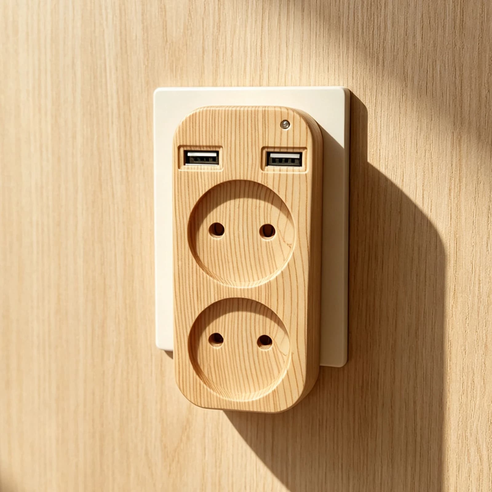Wood Grain Ungrounded EU Plug Adapter 2 EU Sockets Dual USB-A Total Output 5V 2A Wall Power Socket