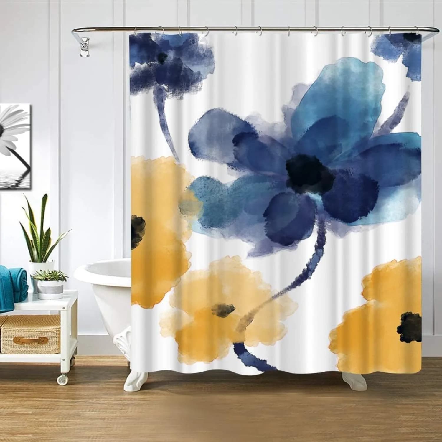Set tenda da doccia floreale: design acquerello blu e giallo vibrante, arredamento per il bagno per tutte le stagioni, include 12 ganci per una facile sospensione