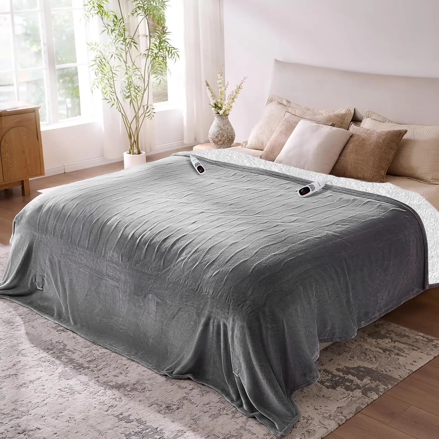 Coperta riscaldante morbida con doppio controllo, 9 livelli di calore, timer 10 ore, lavabile in lavatrice, grigio 90x100 pollici
