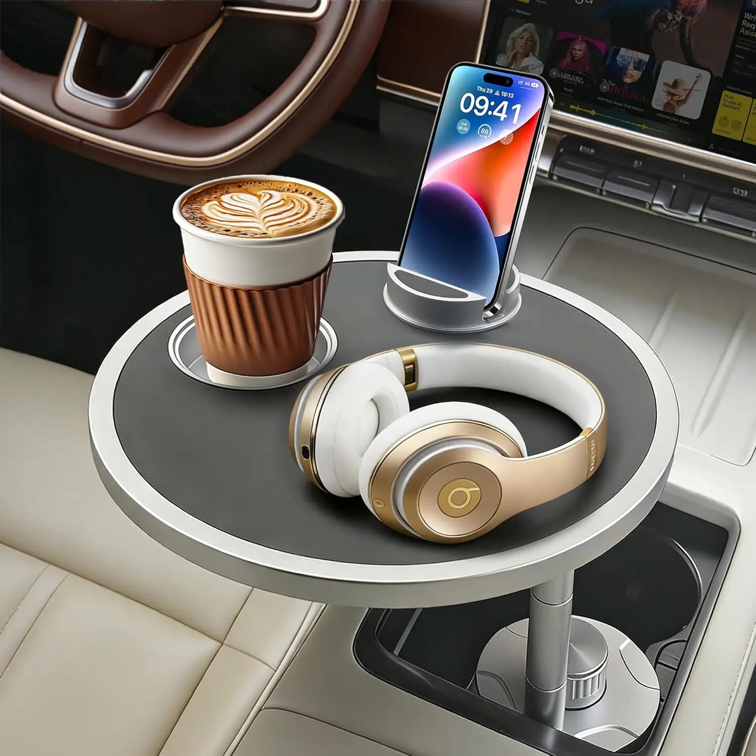 Tavolino da auto con portabicchieri in alluminio e supporto per telefono, 360 ° Scrivania girevole per laptop, per mangiare, adatta a portabicchieri rotondi da 2,28''-3,66''