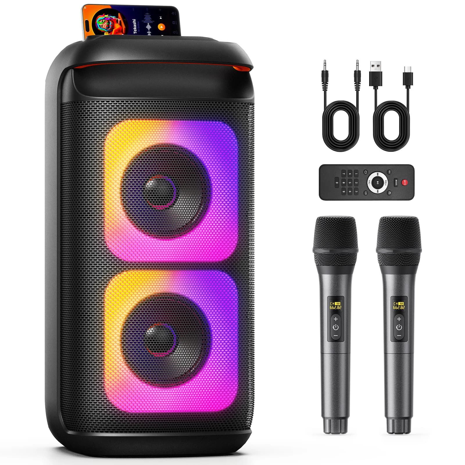 Macchina per karaoke T37 con 2 microfoni wireless, luci a LED, suono 3D, controllo dell'eco, supporto TV/USB/AUX/TF per feste in casa