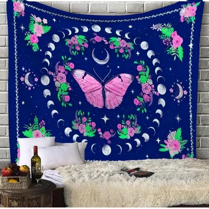 VIKAMA Butterfly Moon Phase Pink Flower Wall Tapestry Witchy Celestial Floral Gothic Home Decor Lovely Gift Soft Durable Cozy