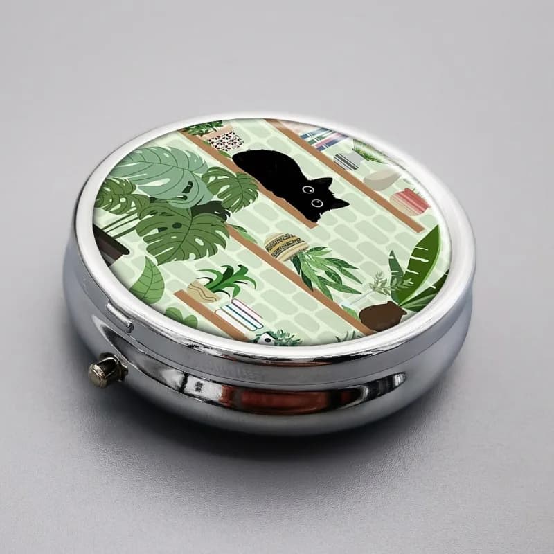 Three-Compartment Pill Box, Portable Pill Box, Can Be Placed in a Pocket or Wallet, Decorative Metal Pill Box, Medicine and Vitamin Storage Box, Unique Gift, Black Cat