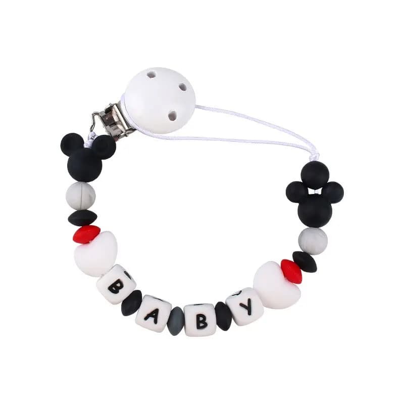 Nome personalizzato personalizzato Clip per catena ciuccio Lettere inglesi in silicone Porta massaggiagengive per mouse Succhietto Giocattolo per la dentizione del bambino Regalo da masticare