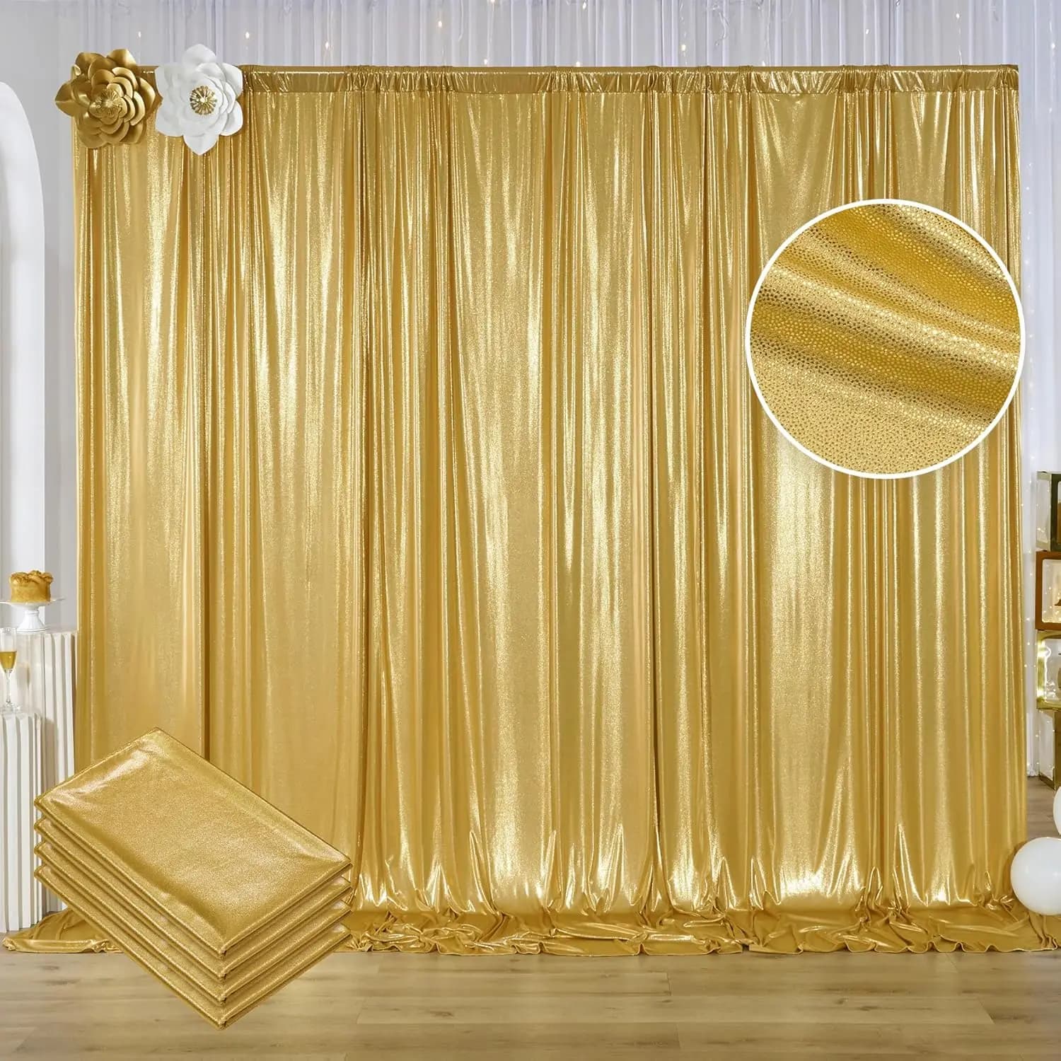Background curtain with golden sequins for parties, 4 panels 5x10FT Photo background with glitter without glitter