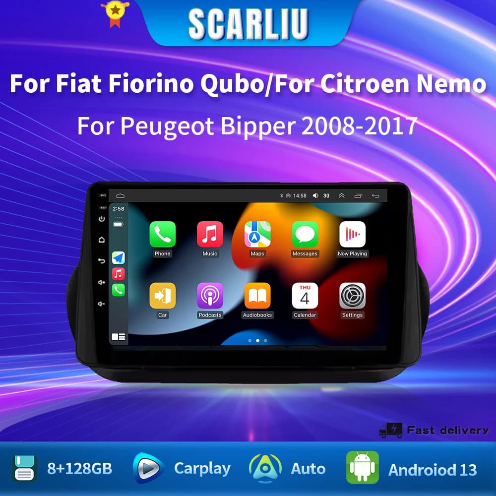 Android 16 Radio Per Fiat Fiorino Qubo Per Citroen Nemo Per Peugeot Bipper 2008-2017 Auto stereo Lettore Multimediale Carplay Auto