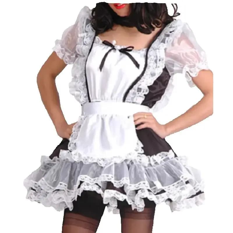 Black And White Patchwork Translucent Tulle Satin Lace Patchwork Independent Apron Square Neck Fluffy Bubble Sleeve Dress
