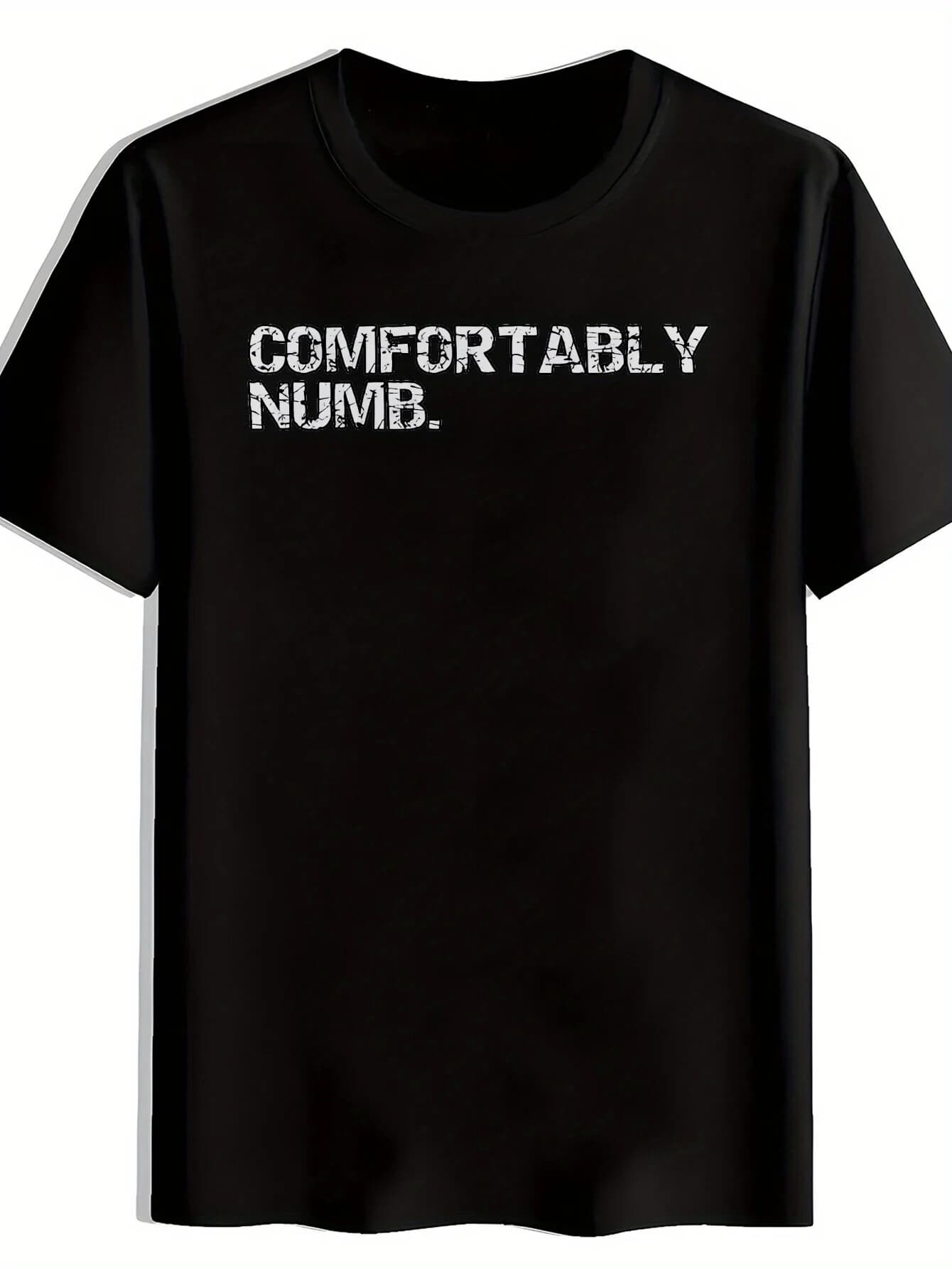 Men's casual t-shirt with crepe print with capital letters, crew neck, black, versatile, with printed pattern.