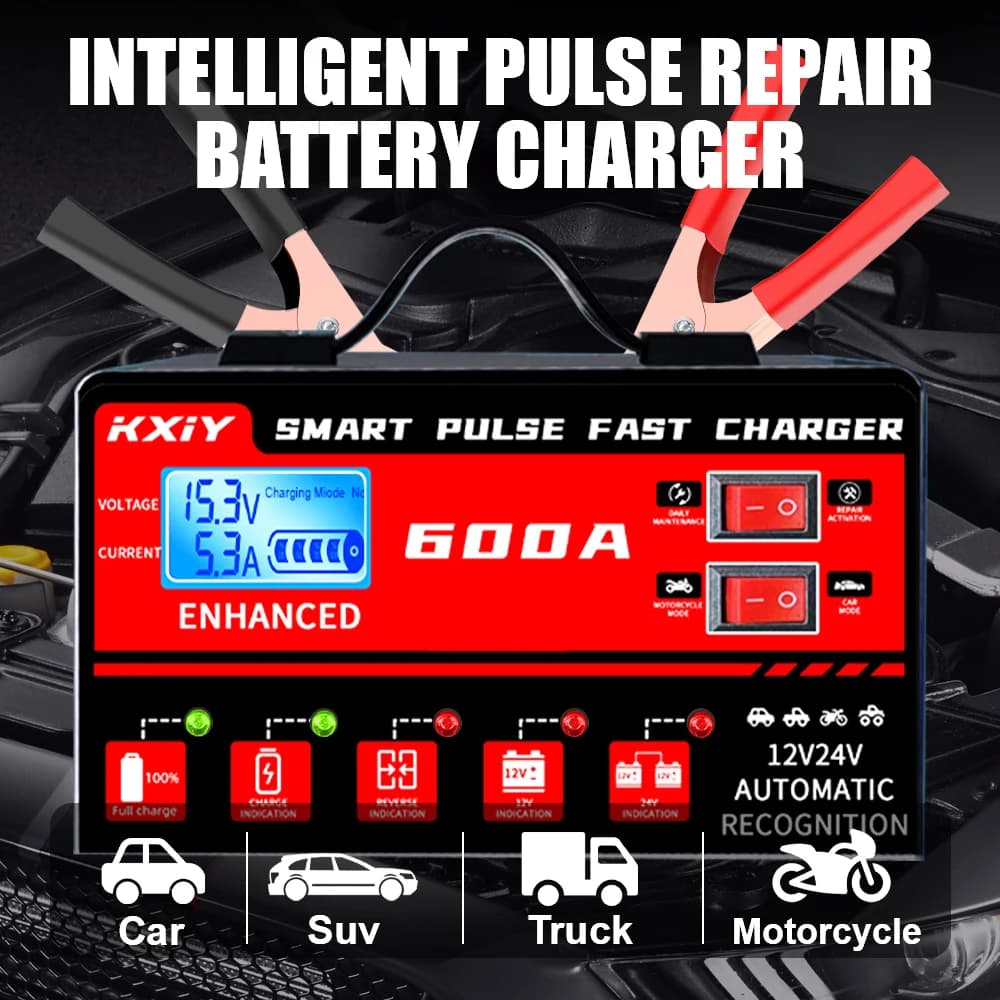 Caricabatteria per auto Riparazione intelligente degli impulsi Display LCD digitale Rilevamento tensione temperatura Arresto automatico 12V 24V 600A