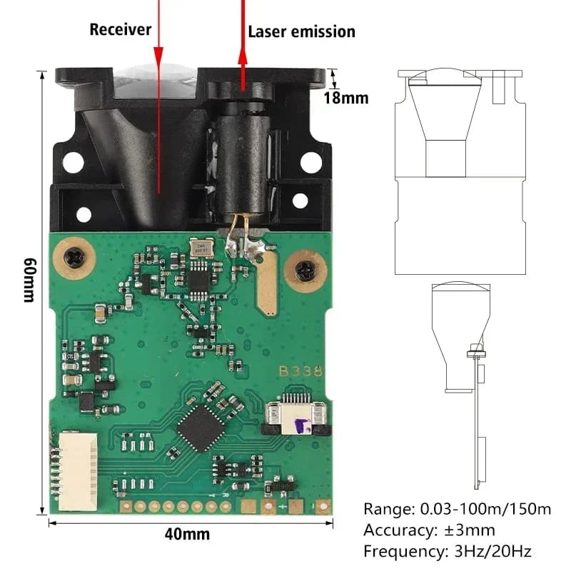 Sensore di distanza a lungo raggio Arduino in stock, modulo di distanza seriale 10Hz, modulo telemetro 100m