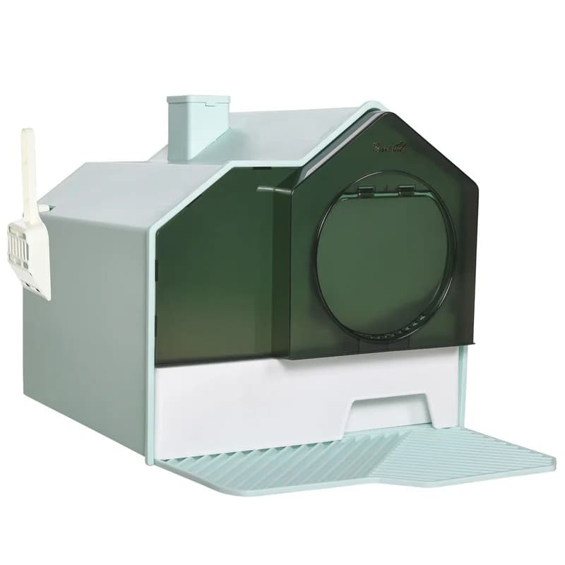 PawHut Light Blue Hooded Cat Litter Box with Odor Control, Pull-Out Drawer, Mat, Handle, and Scoop
