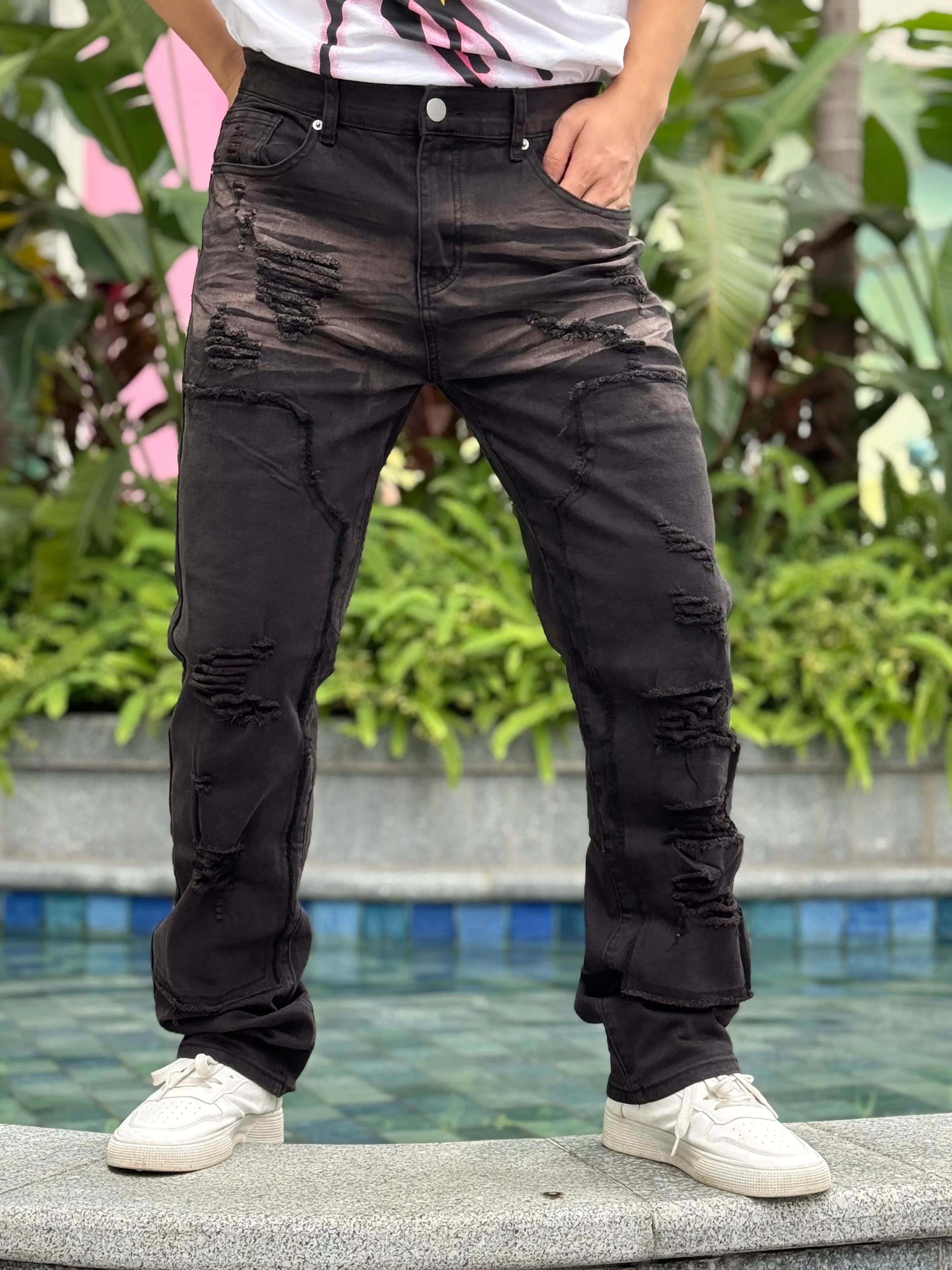Trendy Men's Jeans with Hole Embossed Texture Light Washed and Antique Finish Suitable for All Seasons Free Shipping