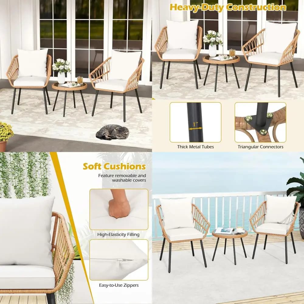 3 Piece Patio Bistro Set, PE Rattan Contion Chairs with Round Glass Table & Sot Cushions, Outdoor Patio urniture Set with Metal