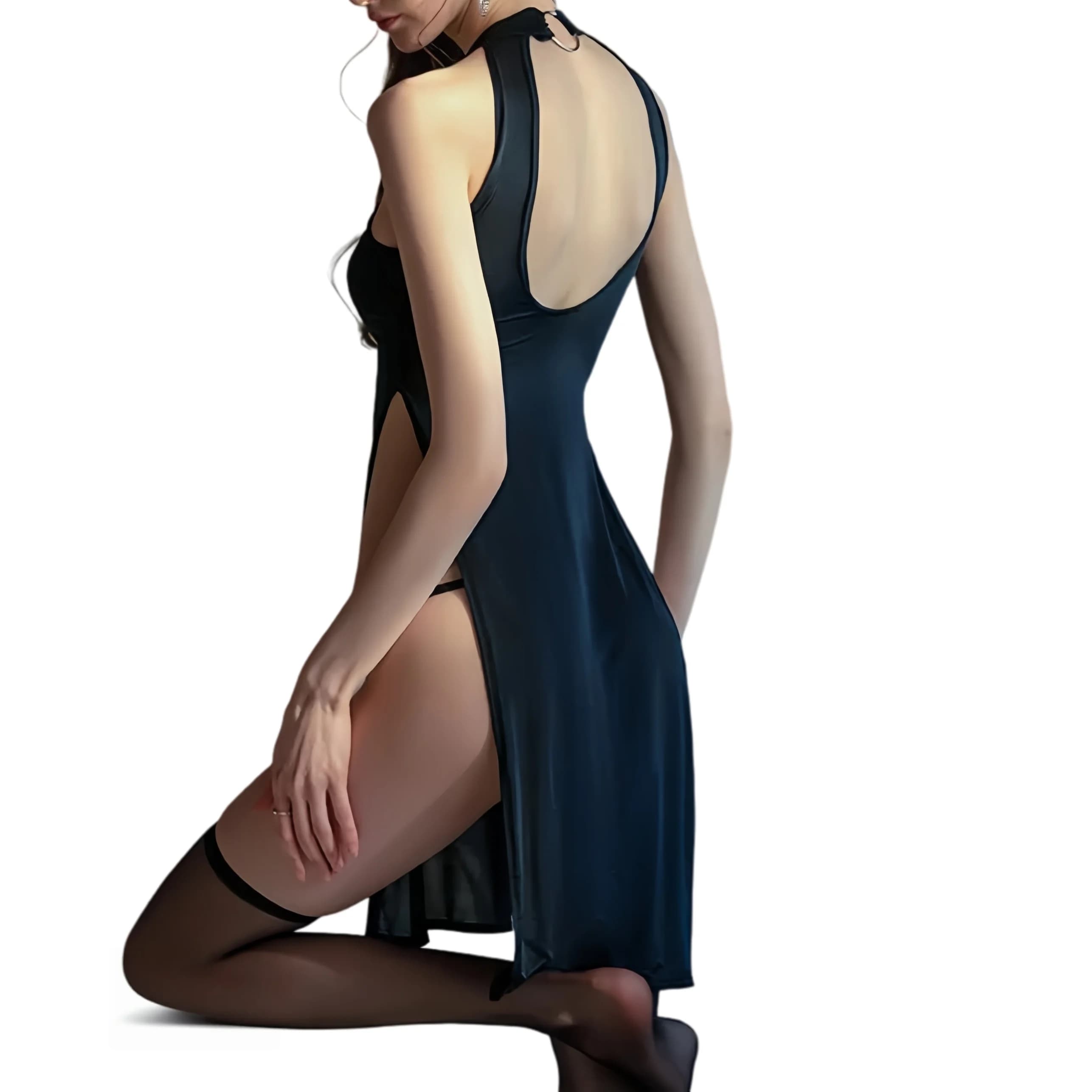Abito lungo da donna nero senza schienale, senza maniche, in seta, con spacco alto, sexy, aderente, stile Cheongsam, taglie forti, primavera estate
