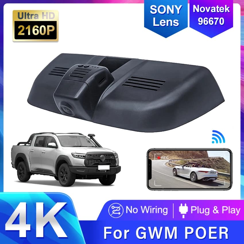 Dash Cam USB 4K 2160P HD con Wi-Fi, Registratore DVR per Auto Compatibile con Great Wall POER 2018-2022, Controllabile tramite App Mobile