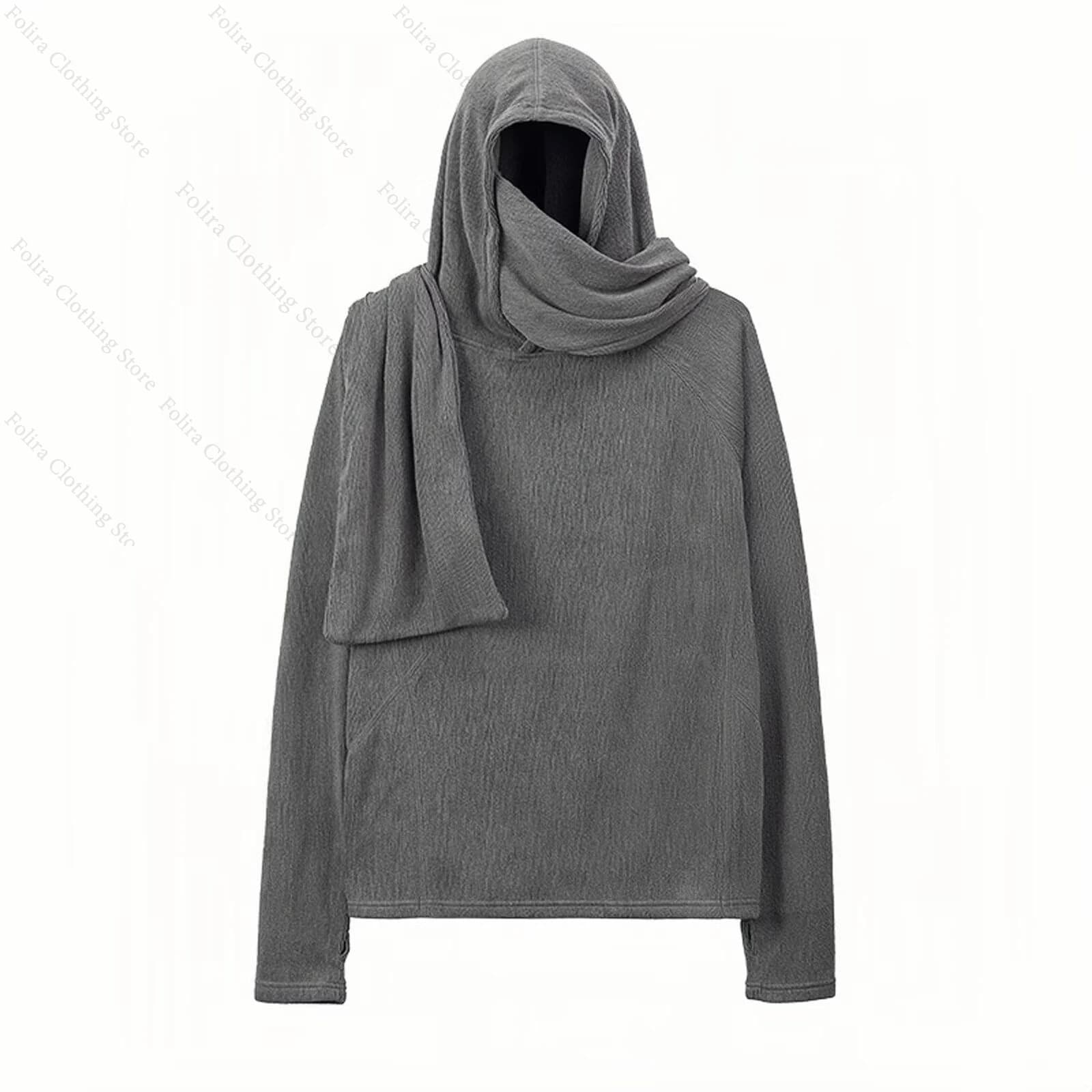 T-shirt a maniche lunghe stile Harajuku con camicia con cappuccio grigia per uomo T-shirt da uomo con silenziatore Pullover Abiti invernali Streetwear