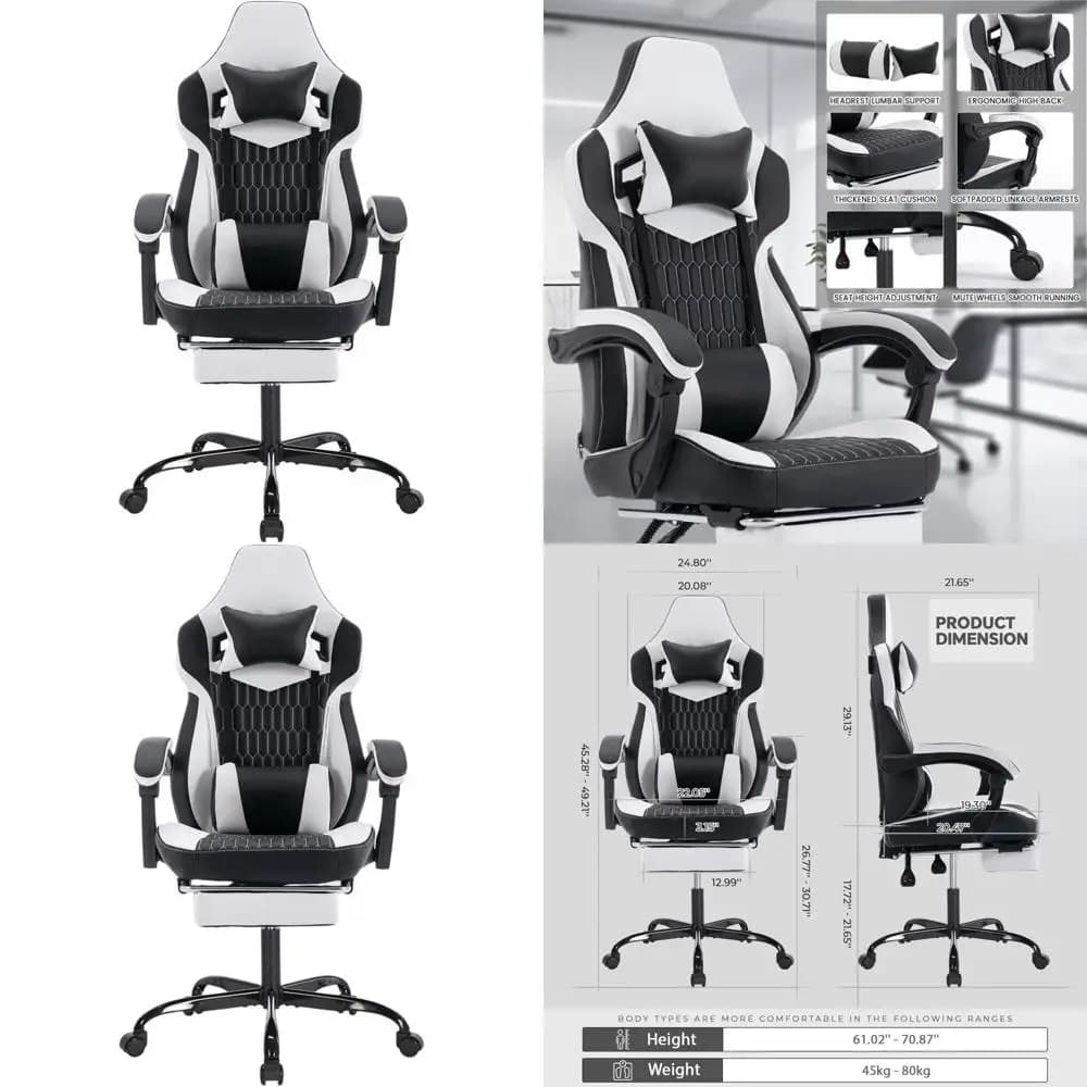 Sedia da Gaming Ergonomica con Schienale Alto, Supporto Lombare, in Pelle PVC, Funzione Reclinabile (Nero e Bianco)