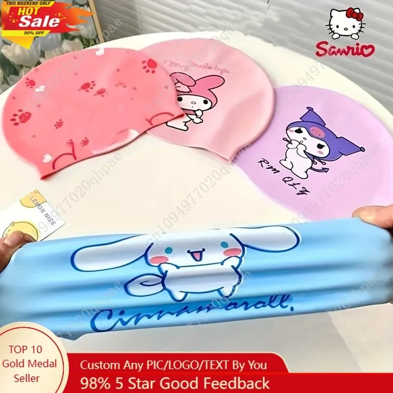 Cappello da Nuoto Sanrio Kuromi Cinnamoroll Melody, Copriorecchie per Capelli Lunghi, Rosa/Blu/Viola, con Logo