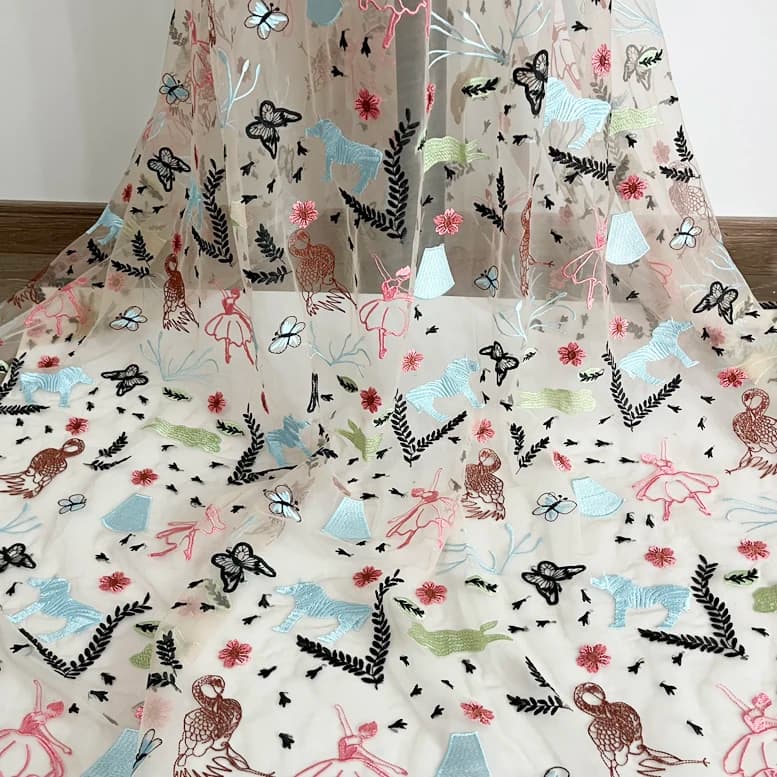 Pink mesh embroidered flower bud fabric cartoon animal ballet female child butterfly colorful embroidery fabric SC351