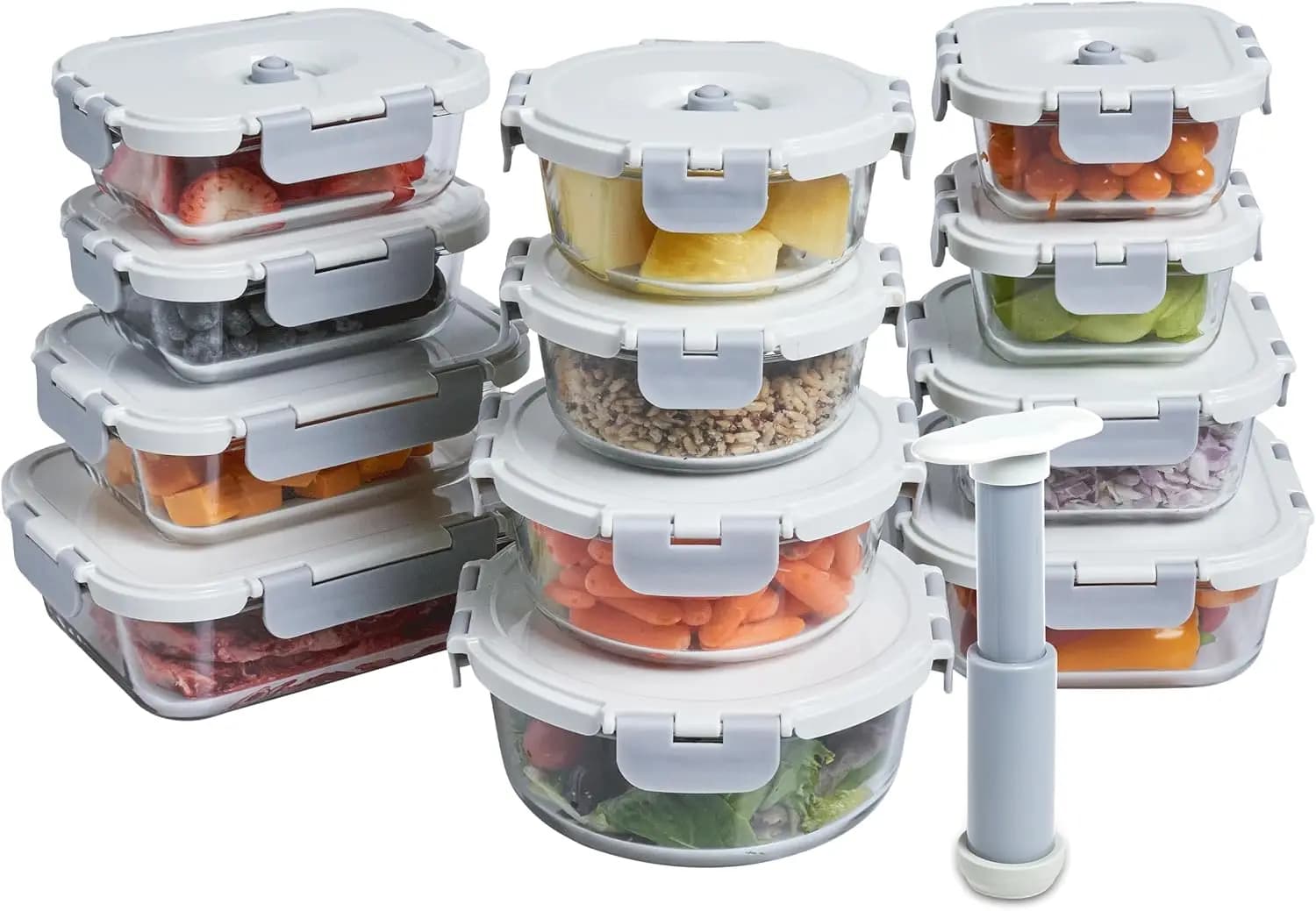 Set di 25 Contenitori in Vetro per Alimenti con Pompa Manuale, Ermetici per Preparazione Pasti e Avanzi