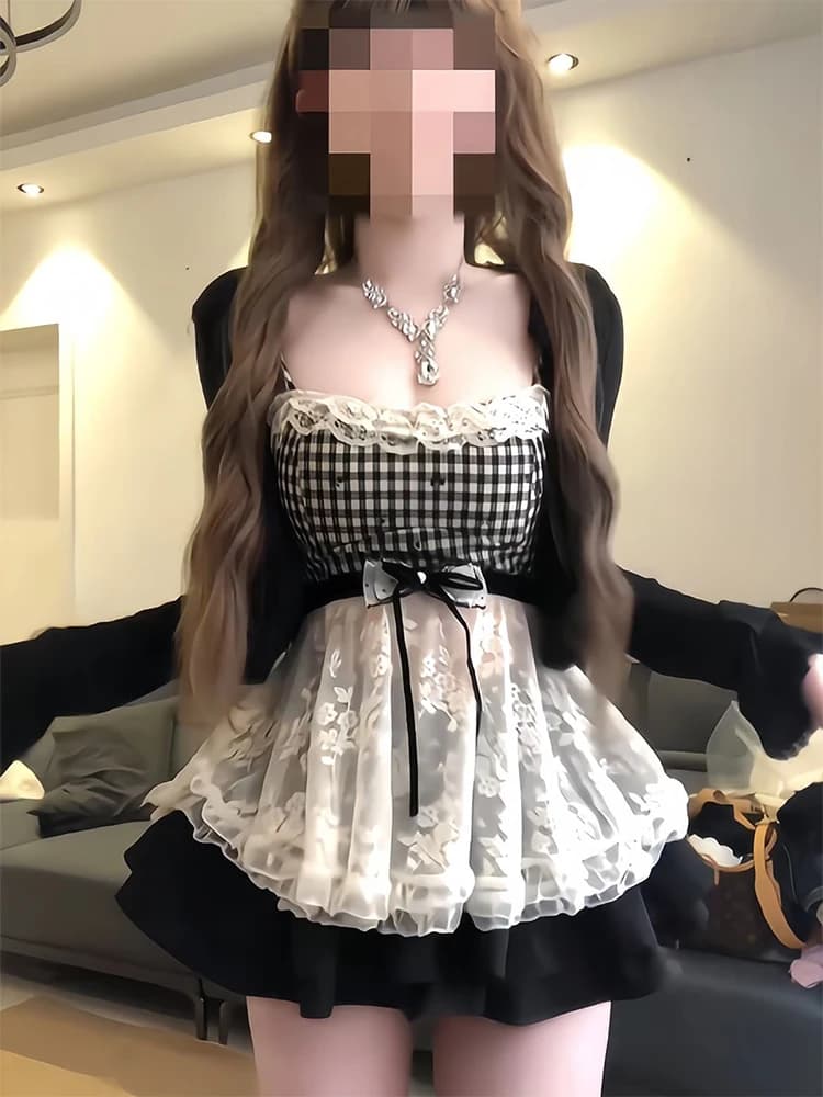 Summer New Plaid Lace Splicing Sleeveless Cardigan Sun Protection Women's High Waist Skirt Set Fashionable Casual Outfit