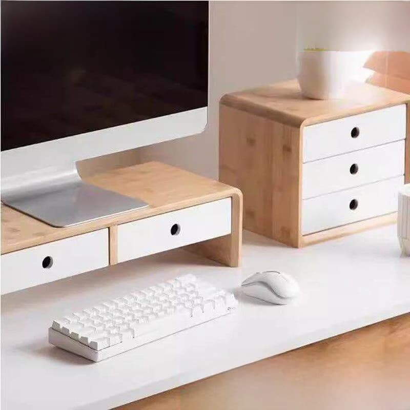Bamboo Computer Monitor Stand Desk Drawer Storage Box Notebook Riser Rack Desktop Organizer Bamboo Material Computer Accessories
