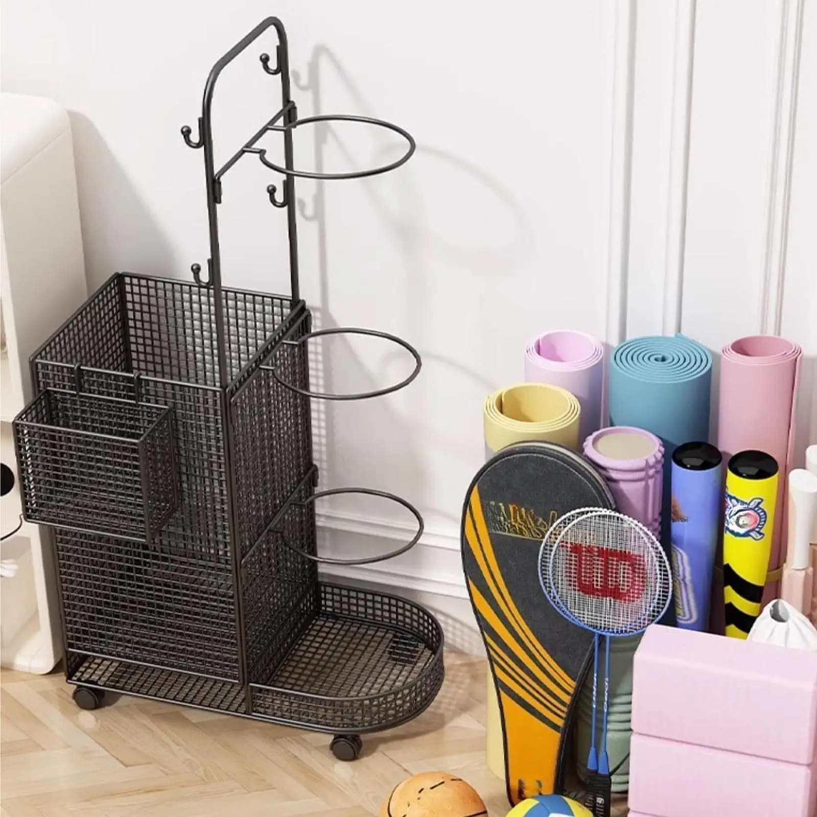 Indoor Ball Storage Rack Sports Equipment Organizer Multipurpose Large Capacity Basketball Holder for Volleyball Kettlebells