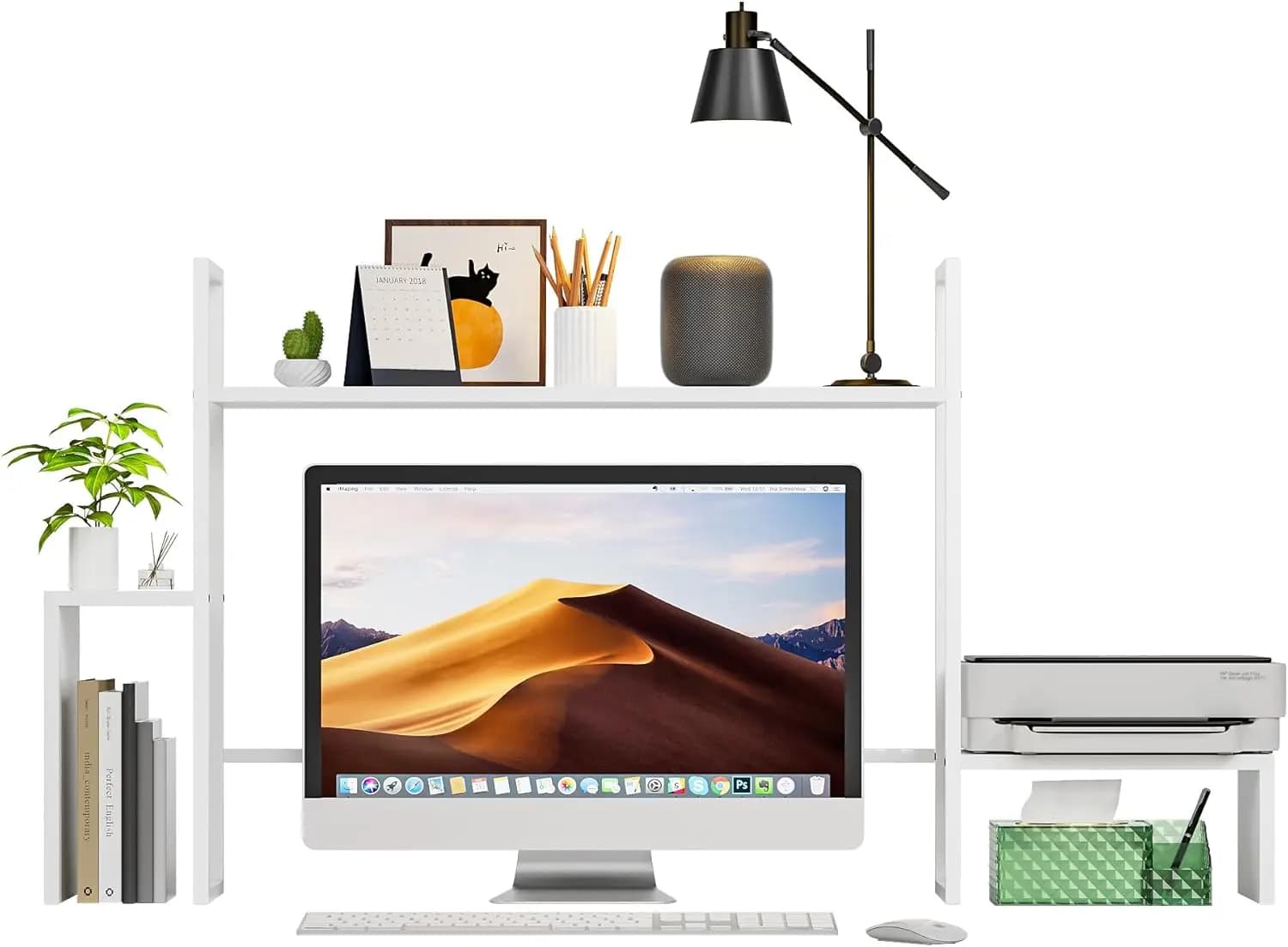 LED Desk Organizer with RGB Lights, 2 Level Monitor Support for Home, Office, Dormitory, Gaming - White