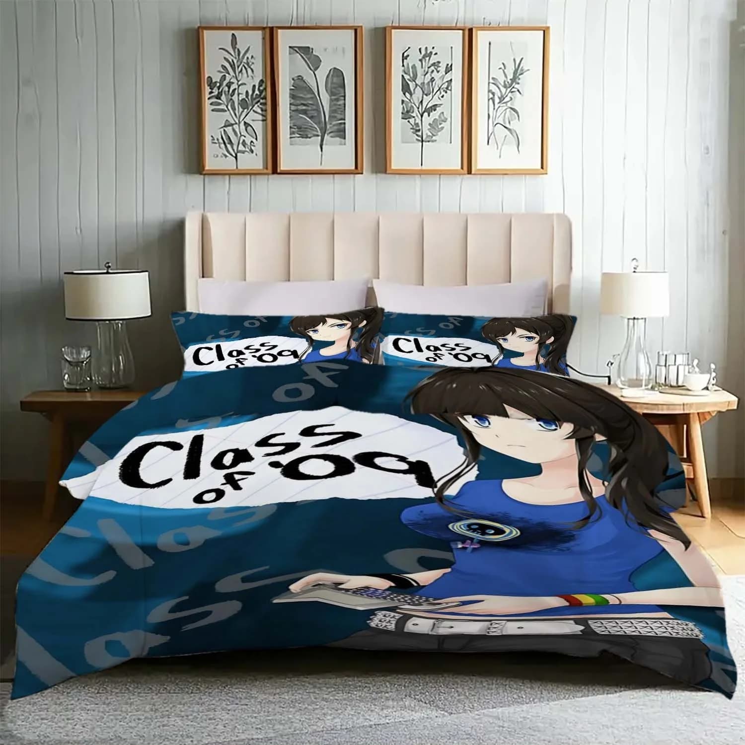3pcs Anime-Themed Blue Quilt Cover Set for Girls - "Class of 09" Design with Zipper Closure, Machine Washable, All-Season