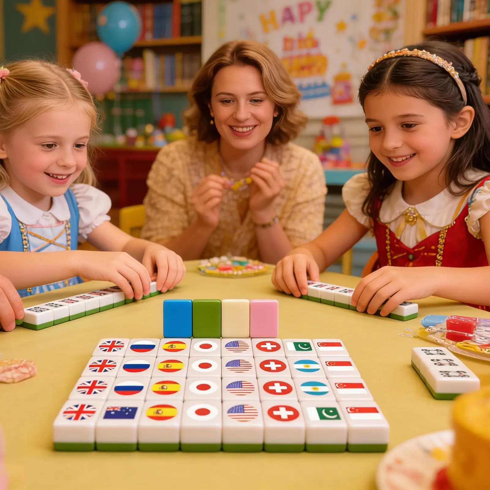 Gioco di Mahjong Classico, Giocattolo con Motivo a Bandiera, Blocchi e Tessere per Uomini, Donne, Ragazze, Giovani, Moglie, Marito, Figlio, Figlia