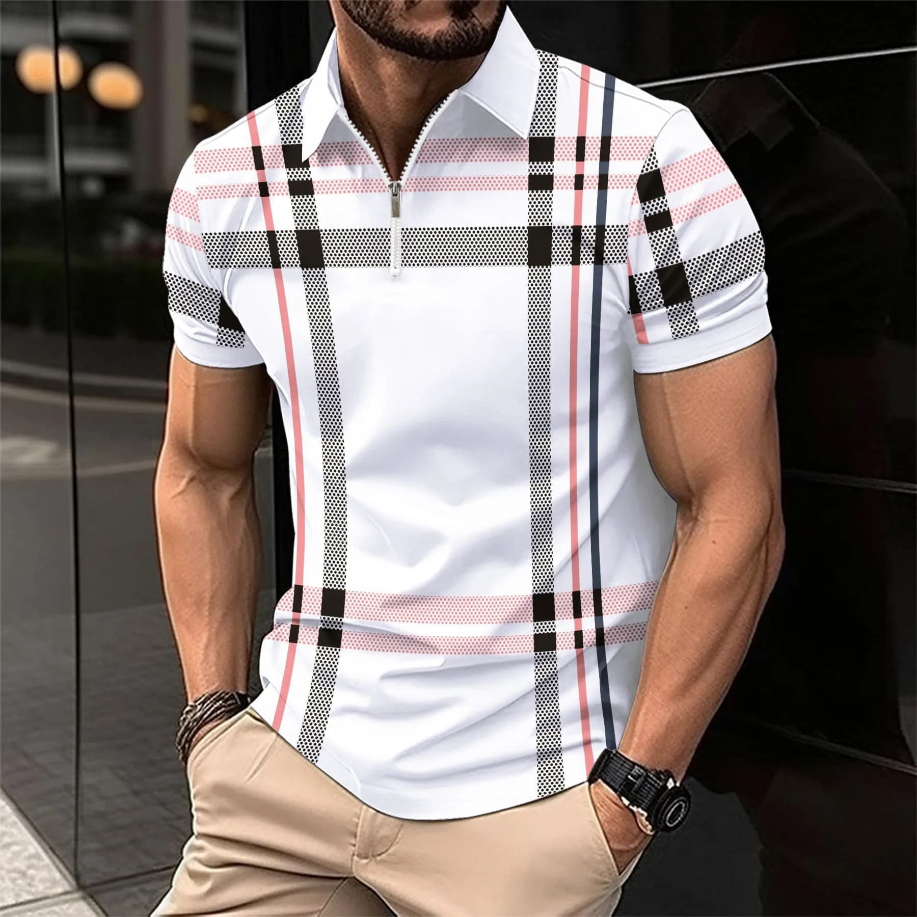 Camicia da uomo alla moda con stampa scozzese, colletto a revers, design traspirante e aderente per l'estate, stile europeo alla moda.