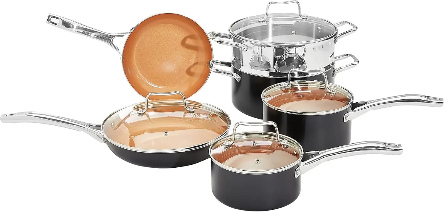 Anti-adhesive Ceramic Pot Set, Compatible with Induction, Dishwasher Washing Machine and Suitable for Oven, Uniform Heating, 10 Piece Set with Padella